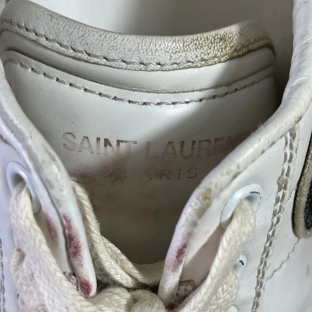 Saint‎ Laurent Court Classic Diamond White Leather Leopard Womens 37.5 EU/7.5 US